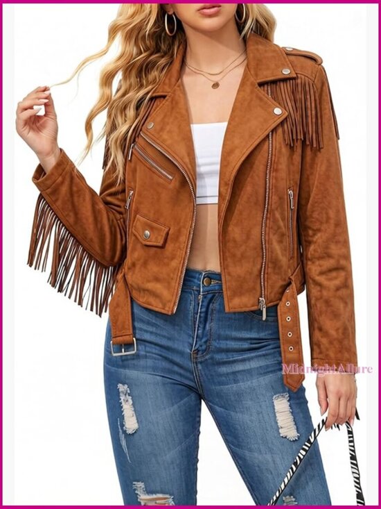 Jackets & Blazers - Short Faux Leather Moto Jacket with Tassel Trim and Belt